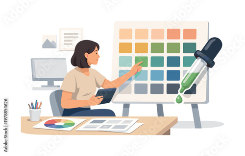Creative design workflow scenario where a professional selects and organizes harmonious colors for a visual project in a modern studio environment, symbolized by a color