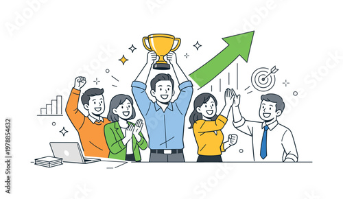 Success achievement business milestone scene showing a small team celebrating reaching an important goal together in a professional environment, with a trophy and a