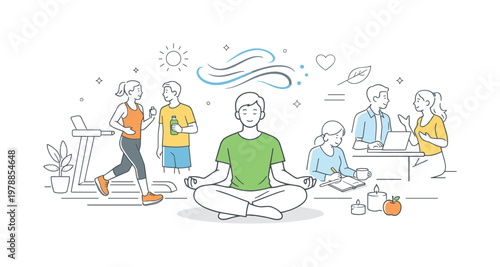 Person incorporating meditation into a healthy lifestyle routine for self-care and emotional balance in a modern setting, visualized with a metaphor of a seated figure in