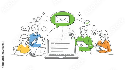 Office communication digital workflow concept featuring professionals sharing messages and coordinating tasks through modern tools, using a laptop and a single message