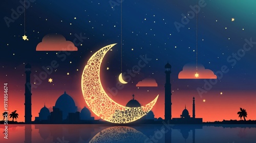 Sky at Dusk With Crescent Moon, Stars, and Mosque Silhouettes in Peaceful Set...