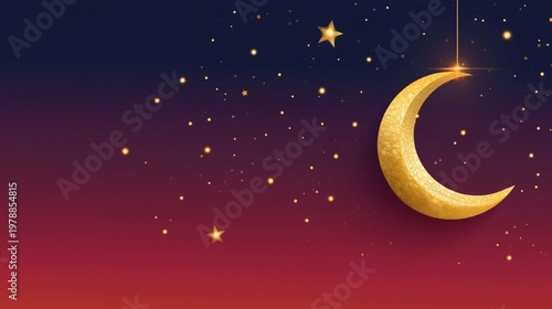 Golden Crescent Moon and Lanterns on Blue Background for Festival Celebration...