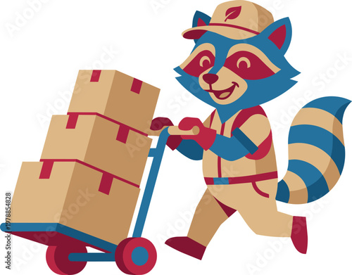 Raccoon delivering boxes with hand truck