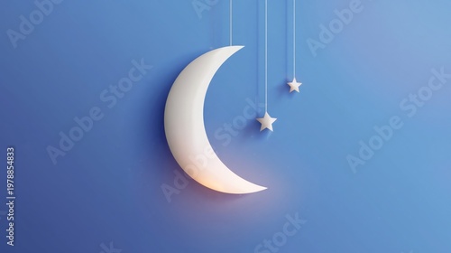 Moon and Stars Hanging on Strings in a Blue Background During Nighttime