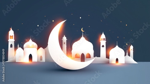 Design of a Crescent Moon and Mosque Silhouettes With Glowing Lights on a Dar...