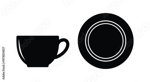 A minimalist depiction of a teacup and saucer presented in a stark black and white color scheme silhouette high quality professional