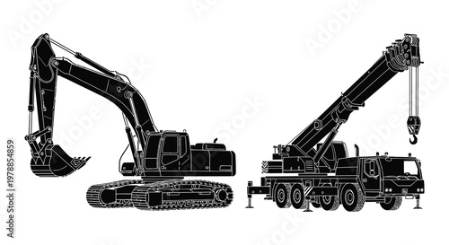 A detailed black and white illustration of a large excavator and crane presented as a striking silhouette high quality professional modern