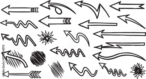 Hand drawn arrow vector set — doodle sketch curved arrows and symbols in black ink