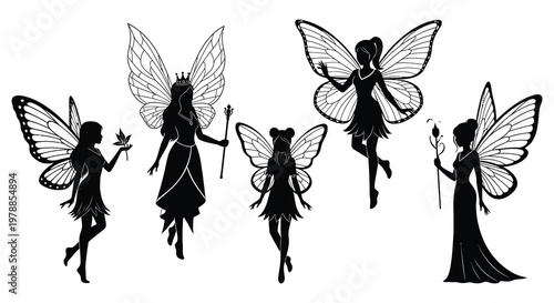 A collection of five delicate fairy figures each with intricate wings and details presented as a silhouette high quality professional detailed