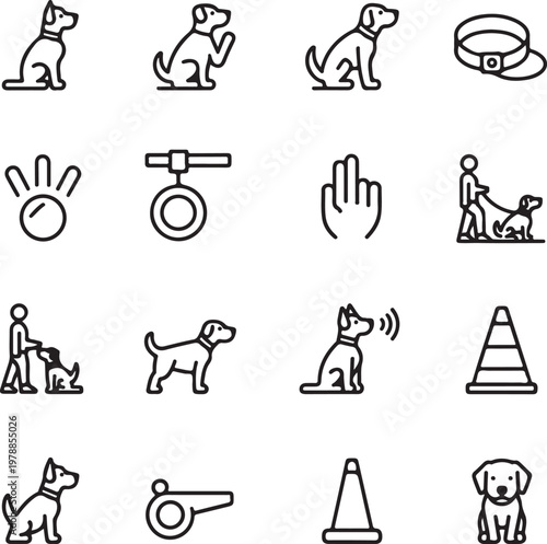 Dog training icons and symbols set outline vector