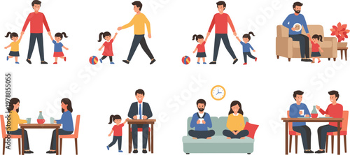 Family Life And Social Interaction Vector Set Featuring Parents Playing With Children Couples Dining Together And Friends Relaxing For Parenting Relationship And Community Graphic Designs