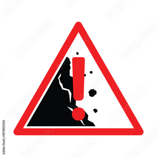 Red triangle warning sign with exclamation mark on rocky slope background with falling rocks. Vector icon for landslide, rockfall, mountain hazard, geological danger, hiking safety.
