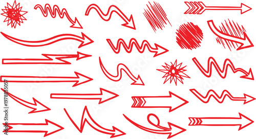 Hand drawn arrow vector set — doodle sketch curved arrows and symbols in black ink