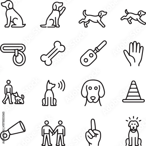 Dog training and care icons set outline vector