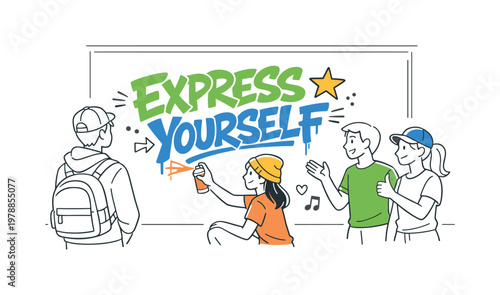 A street art and visual communication scenario where lettering becomes a central element of creative storytelling in public spaces, depicted through a simple scene with