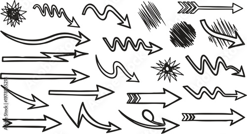 Hand drawn arrow vector set — doodle sketch curved arrows and symbols in black ink