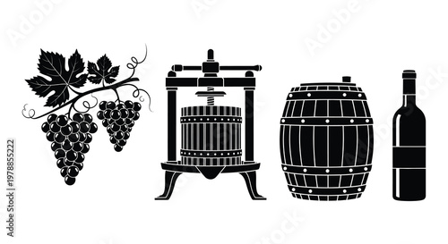 A black and white illustration depicting winemaking elements including grapes press barrel and bottle silhouette high quality professional detailed modern elegant