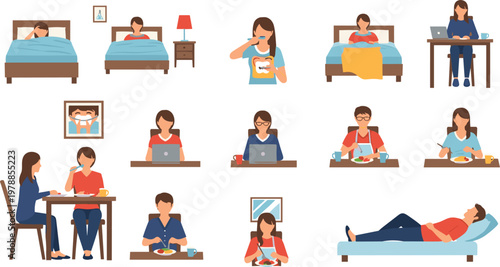 Daily Routine And Healthy Lifestyle Vector Set Featuring People Sleeping Brushing Teeth Eating Meals Working On Laptops And Resting For Wellness Schedule And Time Management Graphic Designs