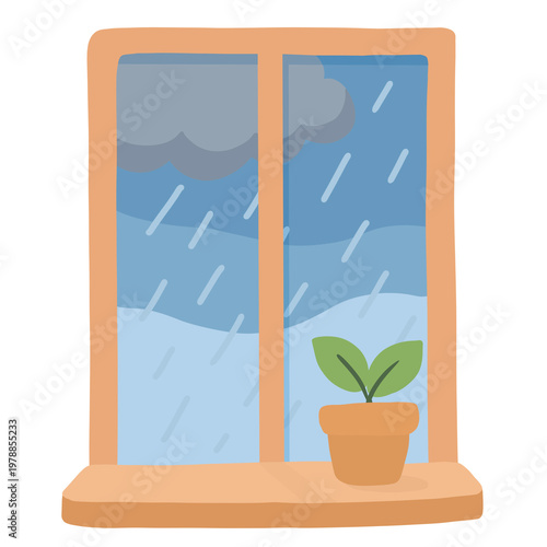 Hand drawn Illustration of Rainy or Raining Season Showing Outside Scene or View from the Window: Rainy Day with Dark Clouds and Rain