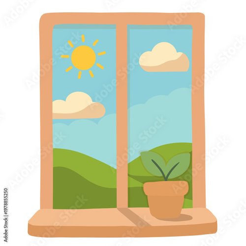 Hand drawn Illustration of Summer Season Showing Outside Scene or View from the Window: Sunny and Warm