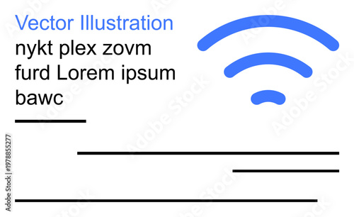 Communication systems, network technology, signal strength, data transfer, connectivity, information flow. Blue wireless signal icon with abstract text and horizontal lines. Communication systems