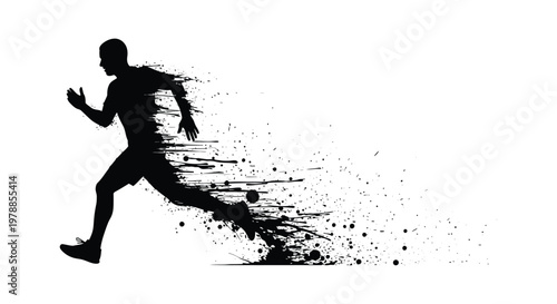 A dynamic image depicts a running man dissolving into particles showcasing speed and movement a striking silhouette high quality professional