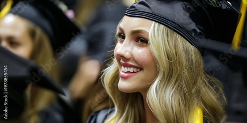 Graduate Smiles During Ceremony at University in the Evening With Classmates ...