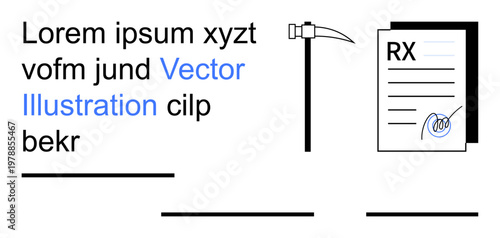 Healthcare, medication, mining metaphor, business ideas, communication, minimalistic design. Graphic showing a pickaxe and RX prescription on clean background. Healthcare and mining concept