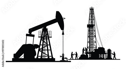 A stark black silhouette depicts an oil pump and drilling rig with workers representing energy extraction silhouette high quality professional detailed