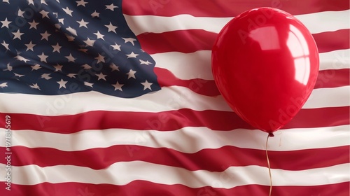 Red Balloon Rests on American Flag With Stars and Stripes Waving in Backgroun...