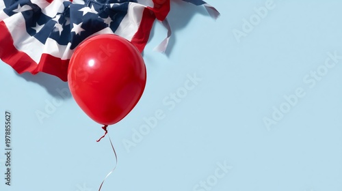 Red Balloon Rests on American Flag With Stars and Stripes Waving in Backgroun...