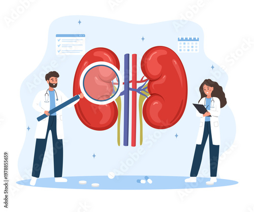 Pyelonephritis concept. Female and male doctors diagnosis kidney infection. Internal organ check up. Vector illustration in flat cartoon style.