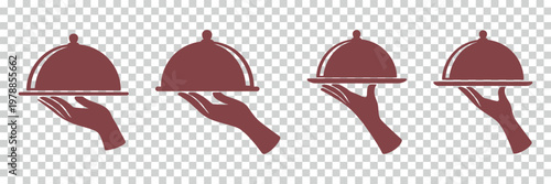 Hand holding food serving platter with lid in various angles on transparent background