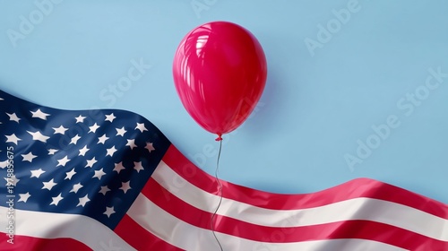 Red Balloon Floats Next to American Flag on Blue Background During Festive Ce...