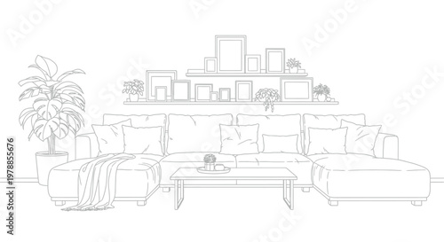A minimalist line drawing depicts a modern living room setup with a sectional sofa and wall decor