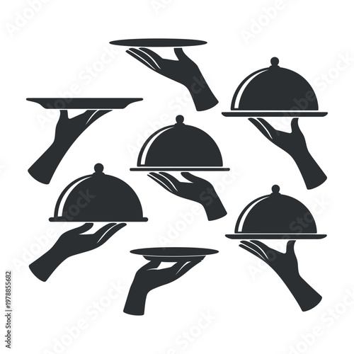 Hands holding serving platters and cloches in silhouette against white background