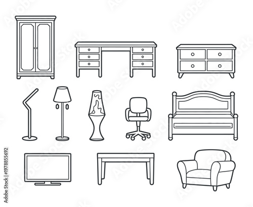 Line art collection of bedroom and office furniture against a white background