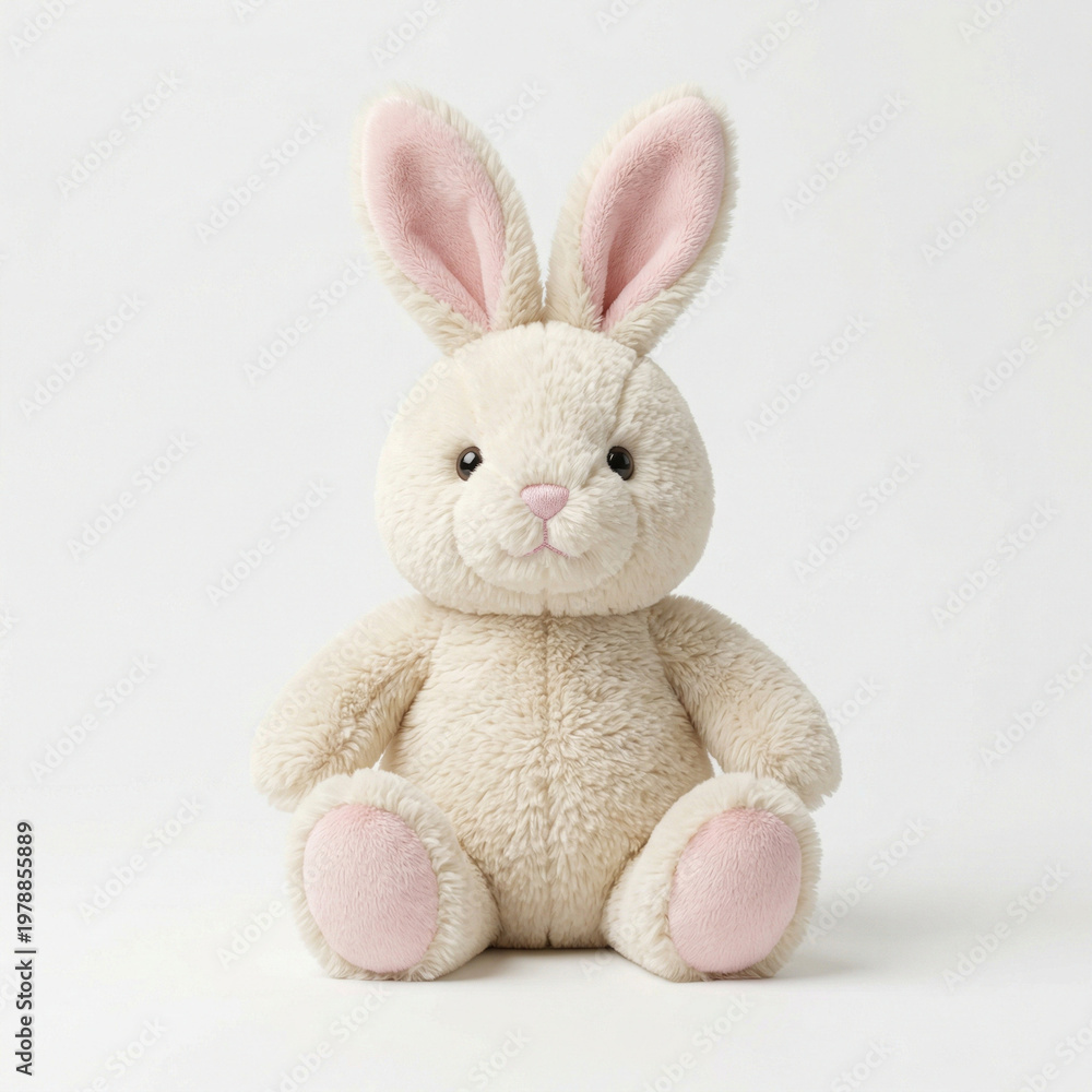 Fototapeta premium Adorable fluffy bunny toy with stuffed animal toy rabbit bunny plush easter bunny pink ears pink feet plain background animale di pezza giocattoli per bambini adorable playtime decoration