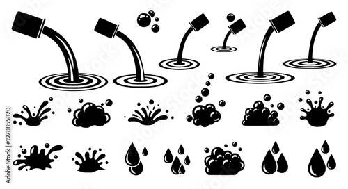 Pouring & Liquid Motion Vector Icons – Splash, Bubbles & Foam