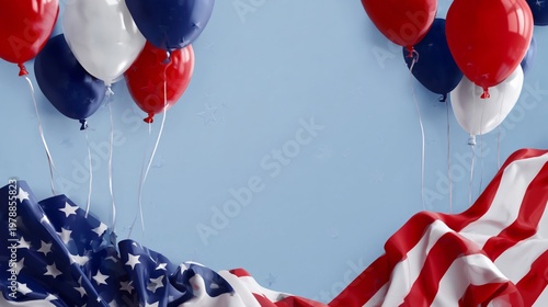 Colorful Balloons in Red, White, and Blue Hanging on a Blue Wall for a Celebr...