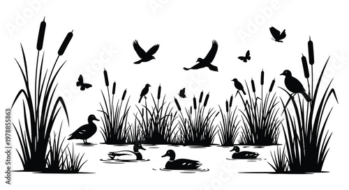 A serene wetland scene showcases birds and cattails in striking black silhouettes against a bright background high quality professional detailed modern