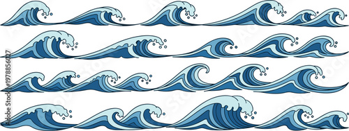 Blue Ocean Wave Vector Set Featuring Various Tidal Surges Cresting Surf And Rolling Sea Water Elements For Marine Nature Abstract Backgrounds And Coastal Graphic Designs