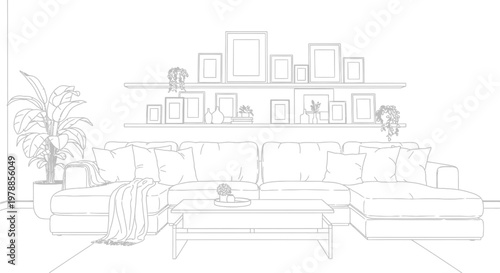 A minimalist living room interior with a sectional sofa coffee table and gallery wall