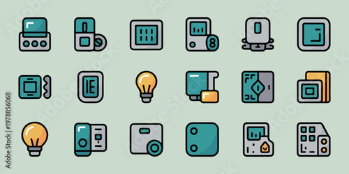 Teal and gray electronic device icons on light green background