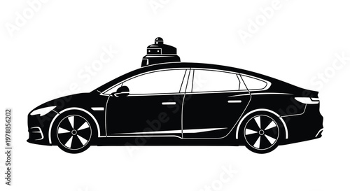 A sleek black car with a robotic device mounted on its roof is depicted in a striking silhouette high quality professional