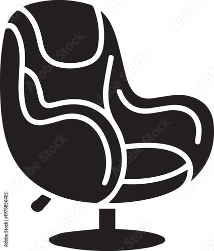 Modern black armchair with curved lines and a swivel base on a white background representing contemporary furniture design
