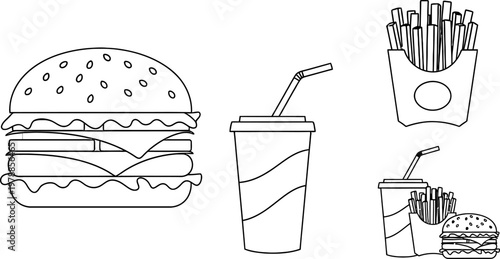 Fast food combo burger fries and drink black and white sketch