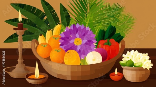 Fresh Ingredients on a Table With Rice, Fruits, and Vegetables in a Simple Se...