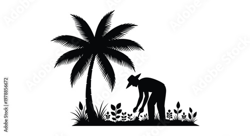 A striking black silhouette depicts a farmer working near a palm tree set against a bright white background silhouette high quality