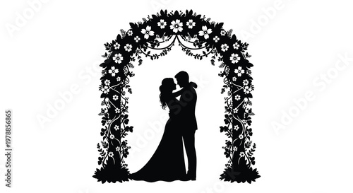 A romantic couple embraces beneath a floral archway a striking black depiction of love and commitment silhouette high quality professional detailed